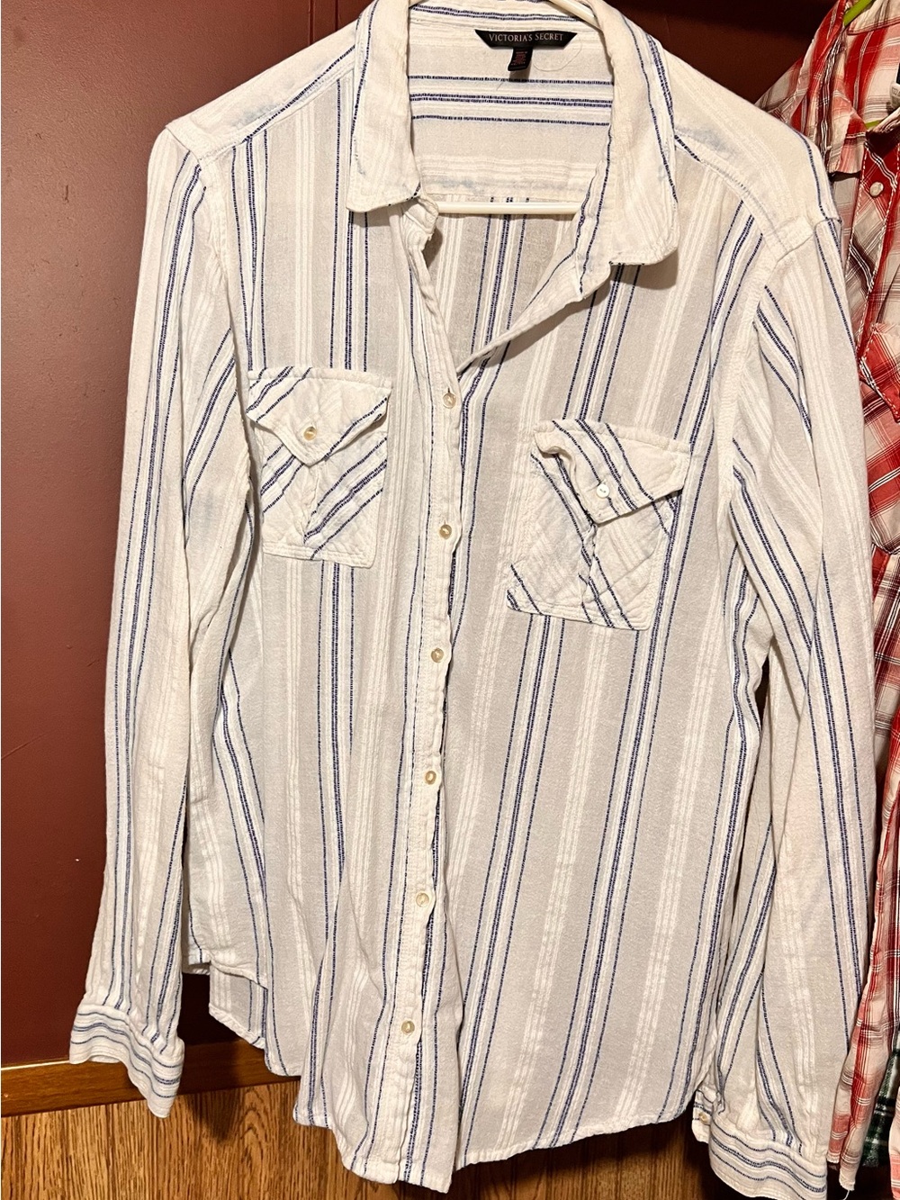 Victoria's Secret White Shirt with Blue Stripes - Casual Button-Down